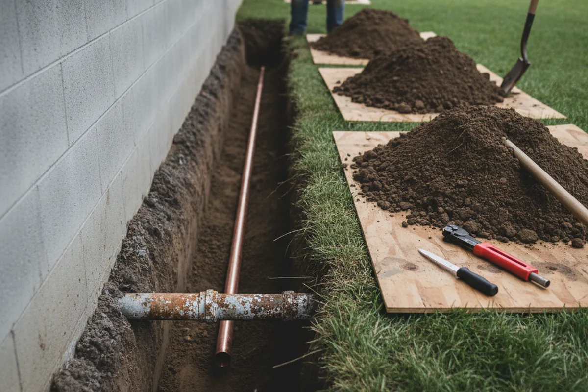 Excavated water line trench during Water Heater Repair in Dorena